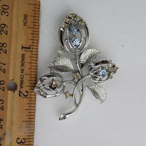 Vintage Floral Design Chrome & Blue stone Brooch